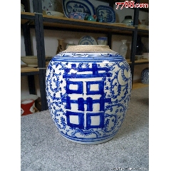 （全品）晚清時期青花三喜大罐尺寸：直徑約22厘米高約23厘米品相：全品，品相如圖