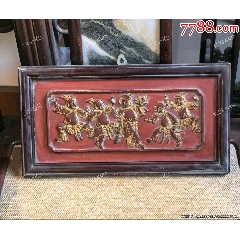 清代木雕人物雙面花卉描金花板雕板掛屏裝品_