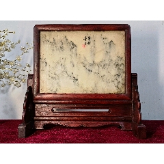 民國老紅木鑲嵌天然石板插屏屏風擺件_
