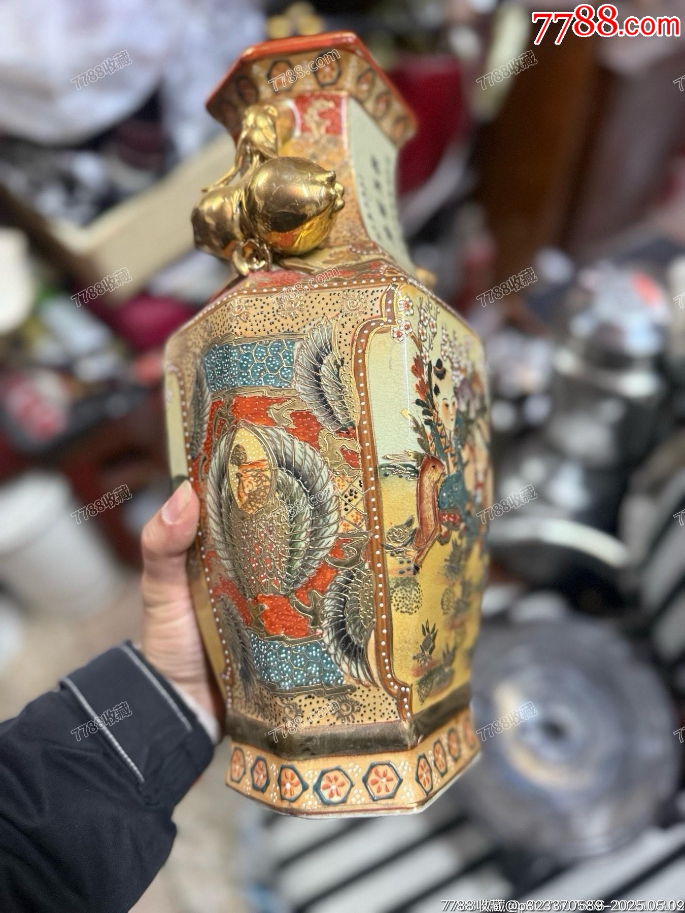 1996年的老彩繪描金人物童子壽桃雙耳六方瓶，精工細(xì)作，滿工滿彩描金_價(jià)格39元_第7張_