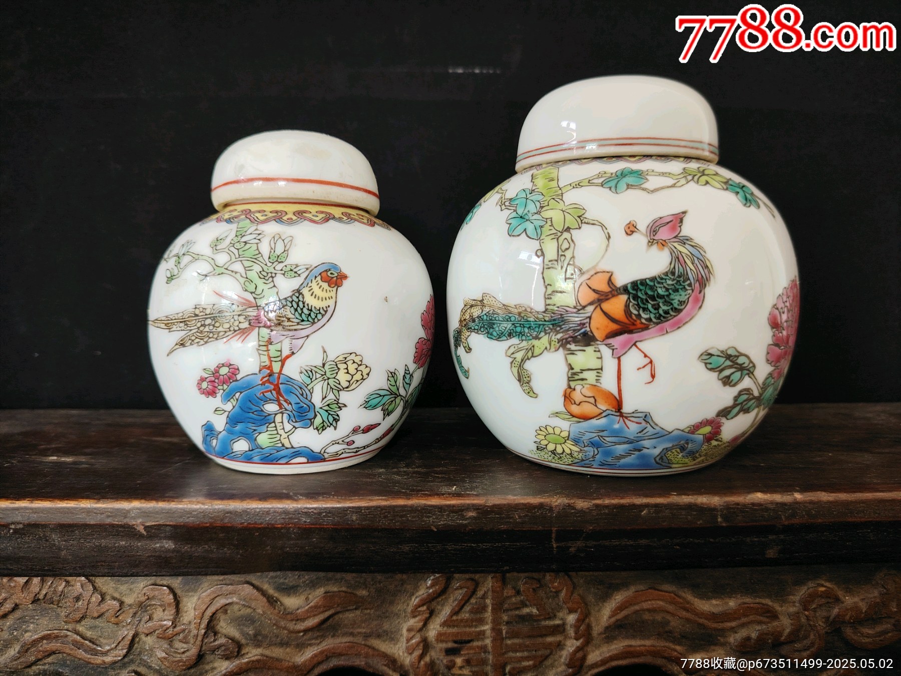 解放初567細(xì)路粉彩錦雞牡丹鳳穿牡丹茶葉罐品相：全品一對(duì)尺寸：大的高12c_價(jià)格344元_第1張_