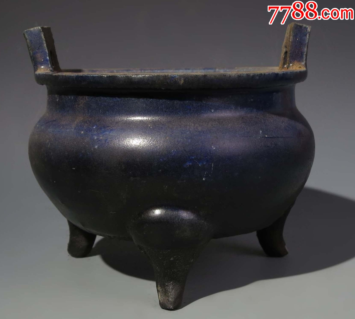 清晚期：藍(lán)釉三足雙耳香爐（本站已鑒定）_價(jià)格288元【優(yōu)品好店】_第1張_