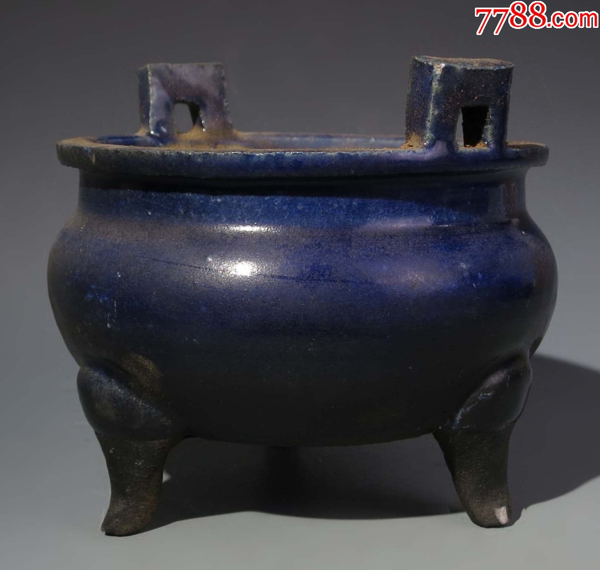 清晚期：藍(lán)釉三足雙耳香爐（本站已鑒定）_價(jià)格288元【優(yōu)品好店】_第2張_