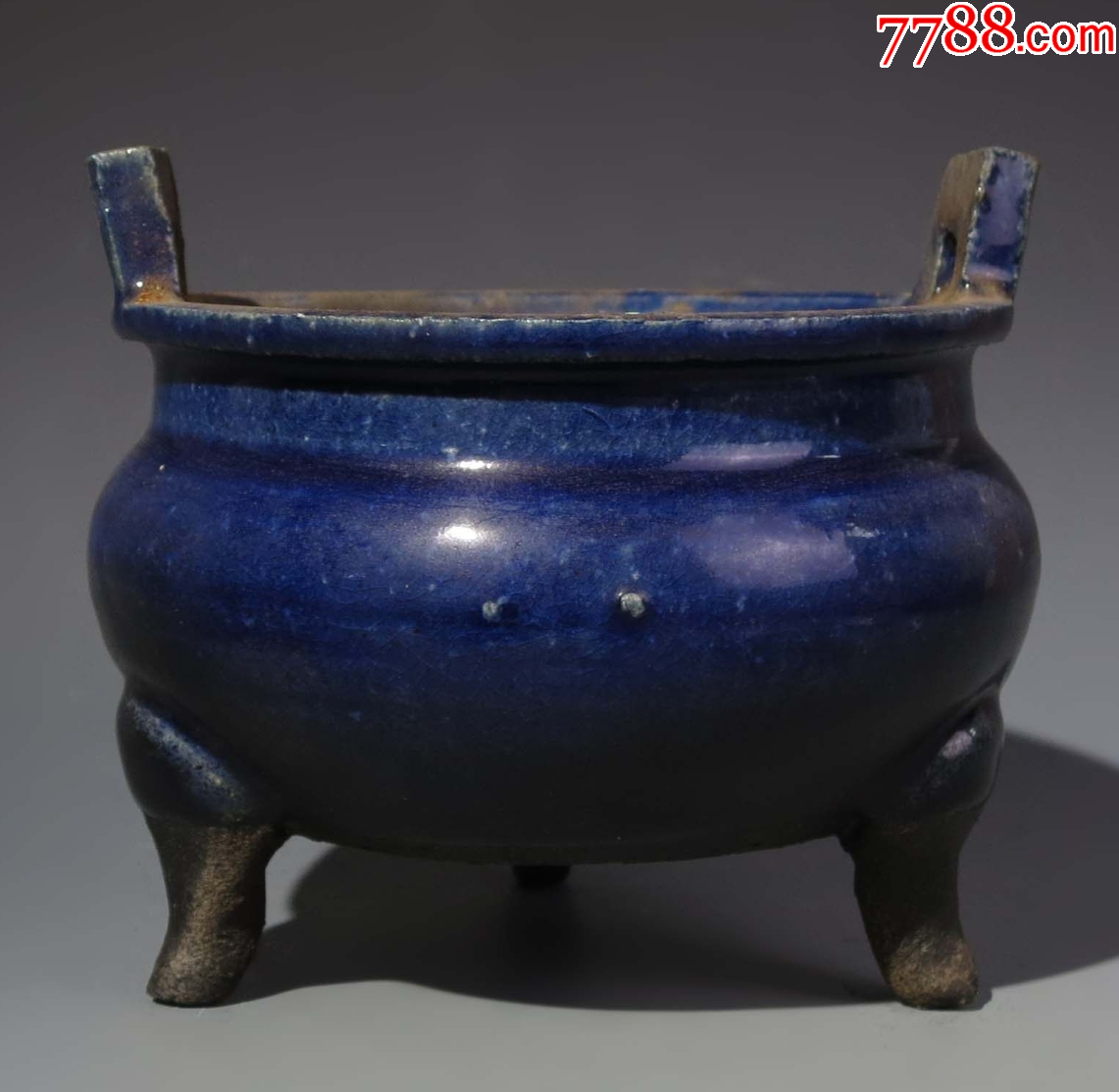 清晚期：藍(lán)釉三足雙耳香爐（本站已鑒定）_價(jià)格288元【優(yōu)品好店】_第4張_