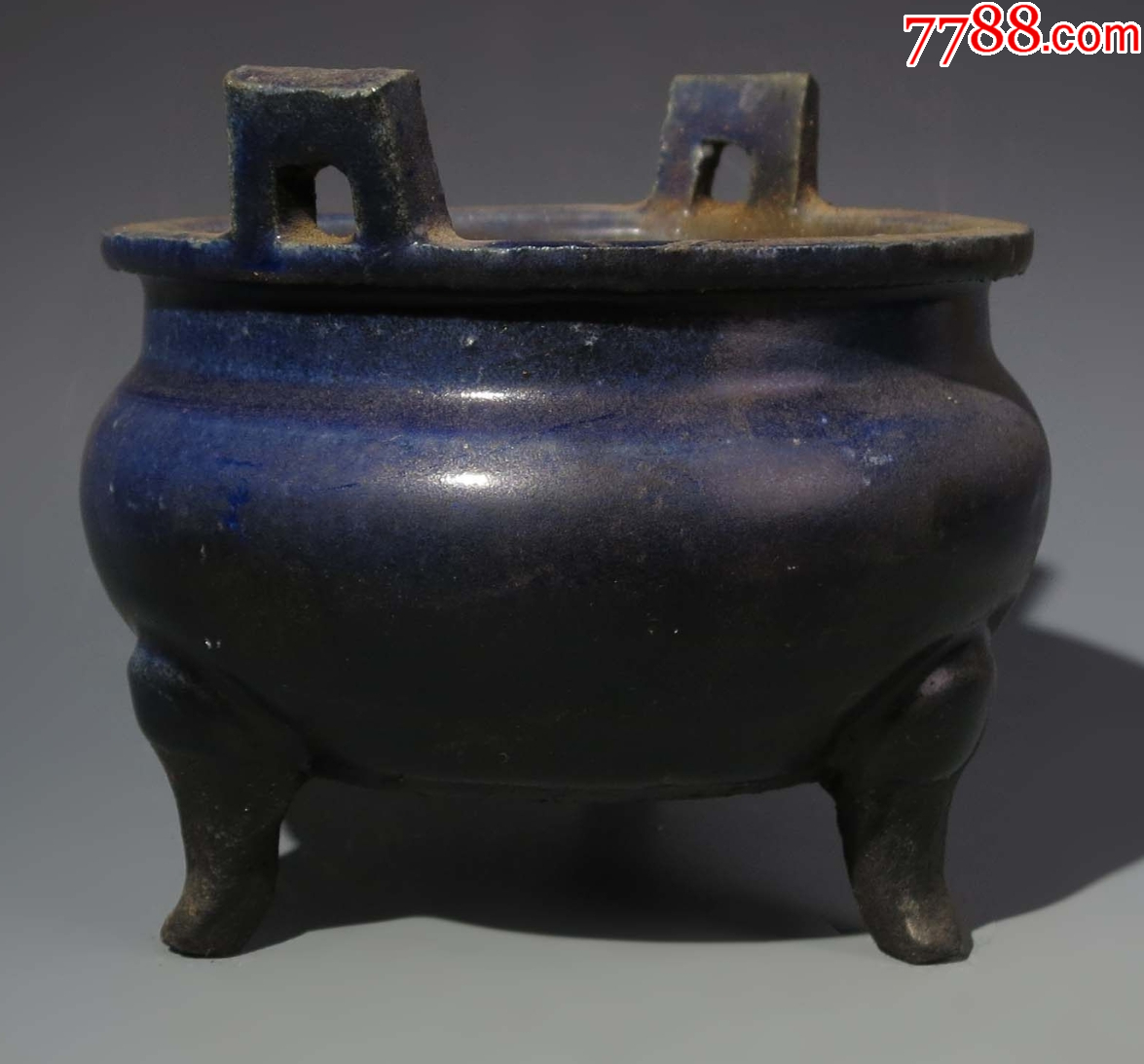 清晚期：藍(lán)釉三足雙耳香爐（本站已鑒定）_價(jià)格288元【優(yōu)品好店】_第6張_