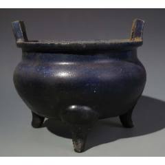清晚期：藍釉三足雙耳香爐（本站已鑒定）_