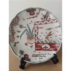 清中期花卉紋五彩畫(huà)中畫(huà)賞盤(pán)（另一只已鑒定）