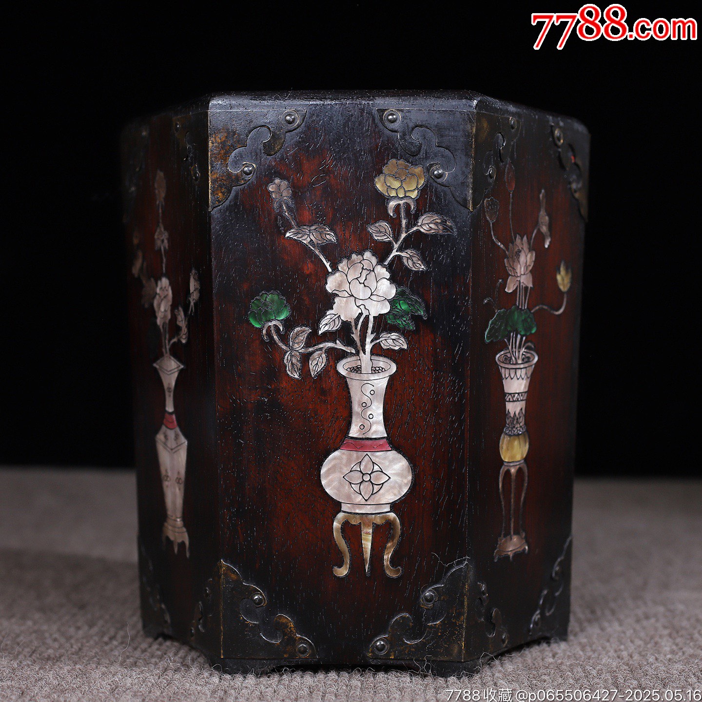 珍藏紅花梨木鑲貝殼六角筆筒，_價格199元【子健老貨】_第1張_
