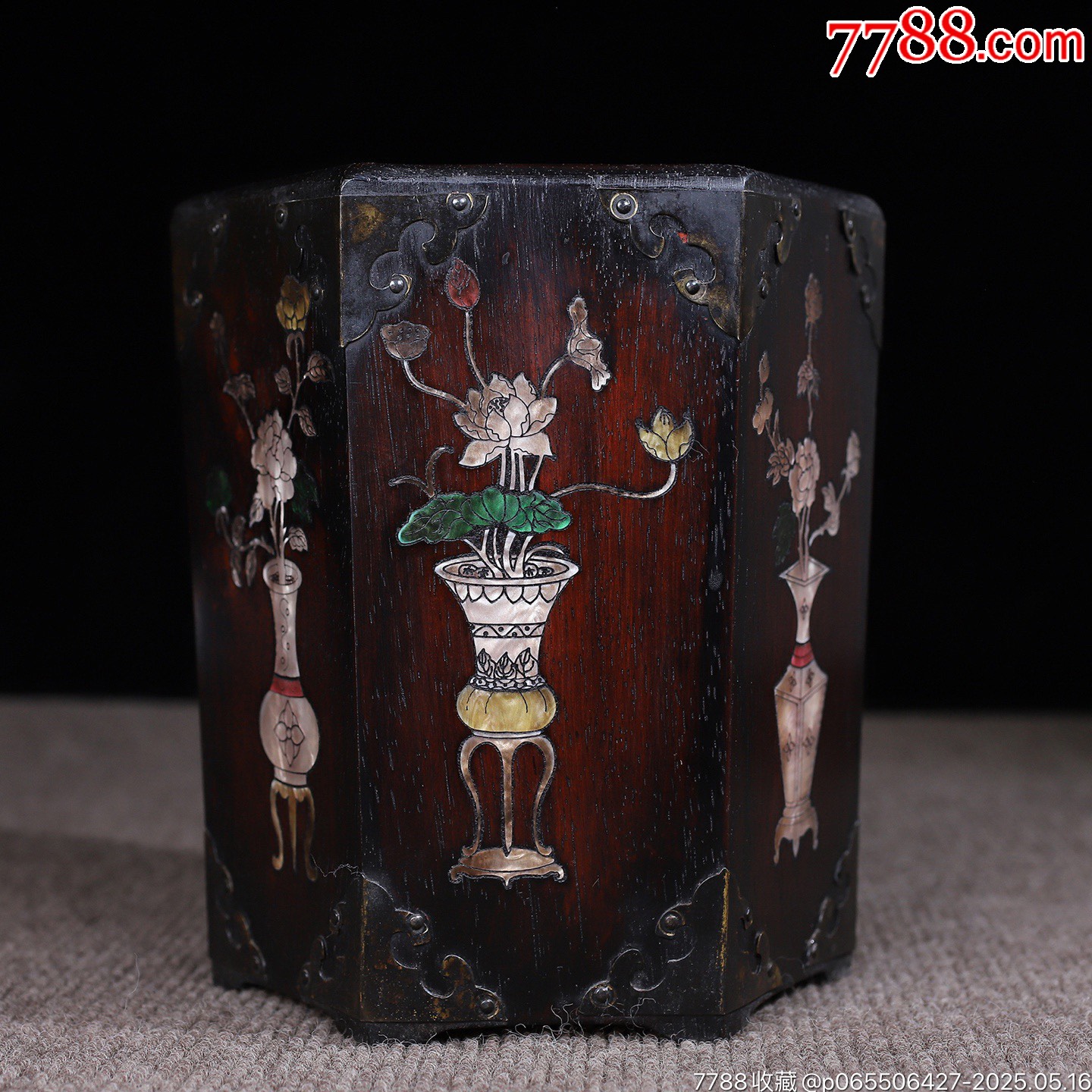 珍藏紅花梨木鑲貝殼六角筆筒，_價格199元【子健老貨】_第3張_