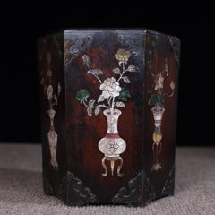 珍藏紅花梨木鑲貝殼六角筆筒，(au41309759)_子健老貨