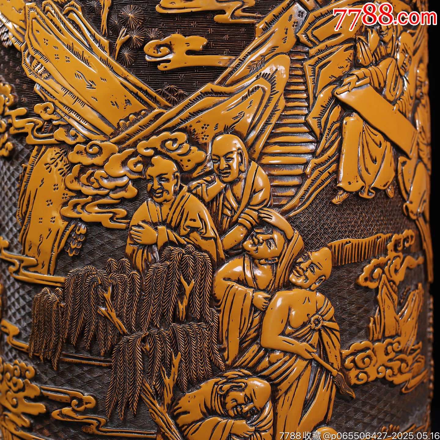 舊藏剔黃漆器十八羅漢圖圓筆筒畫筒，_價(jià)格2888元【子健老貨】_第2張_
