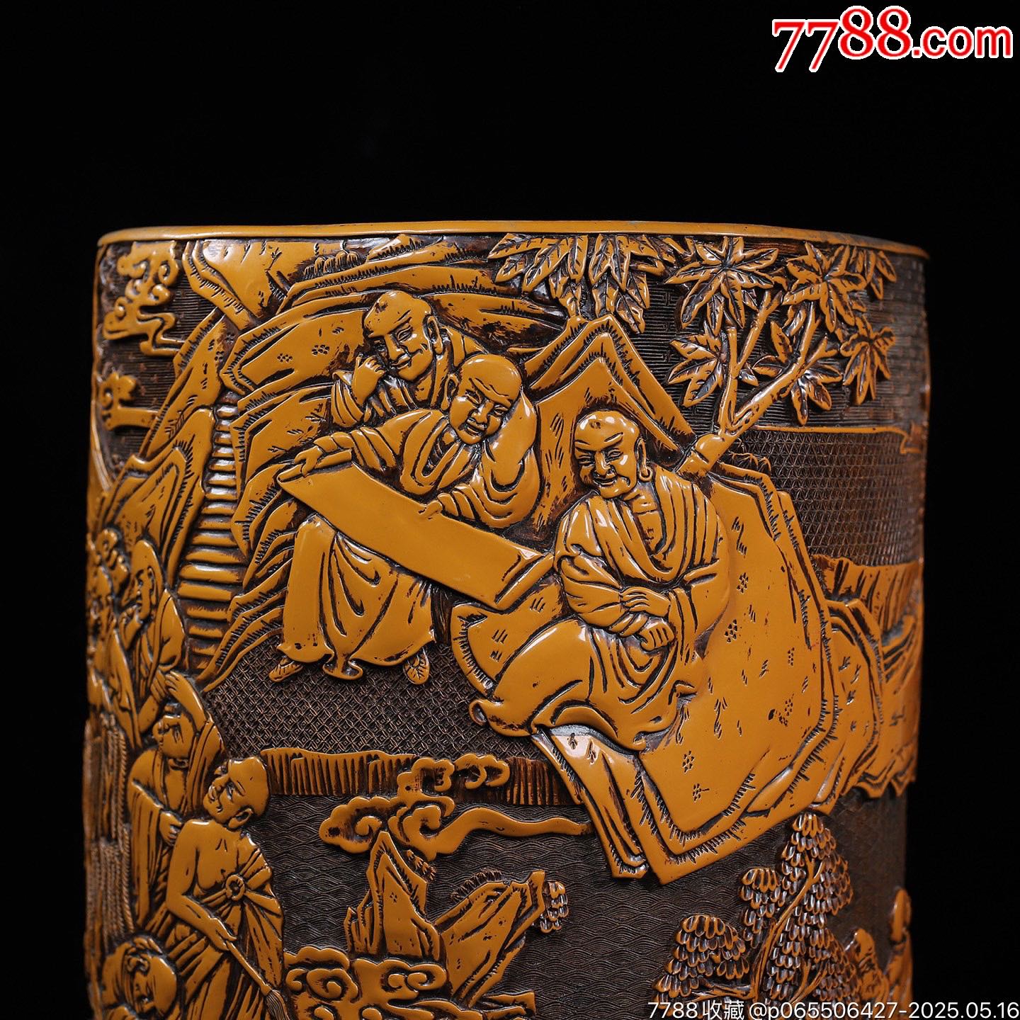 舊藏剔黃漆器十八羅漢圖圓筆筒畫筒，_價(jià)格2888元【子健老貨】_第4張_