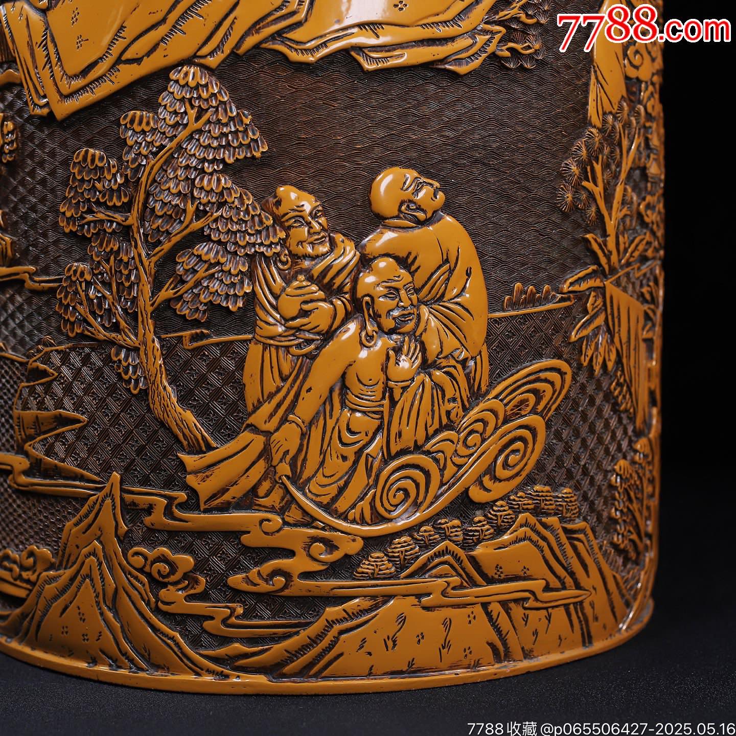 舊藏剔黃漆器十八羅漢圖圓筆筒畫筒，_價(jià)格2888元【子健老貨】_第6張_