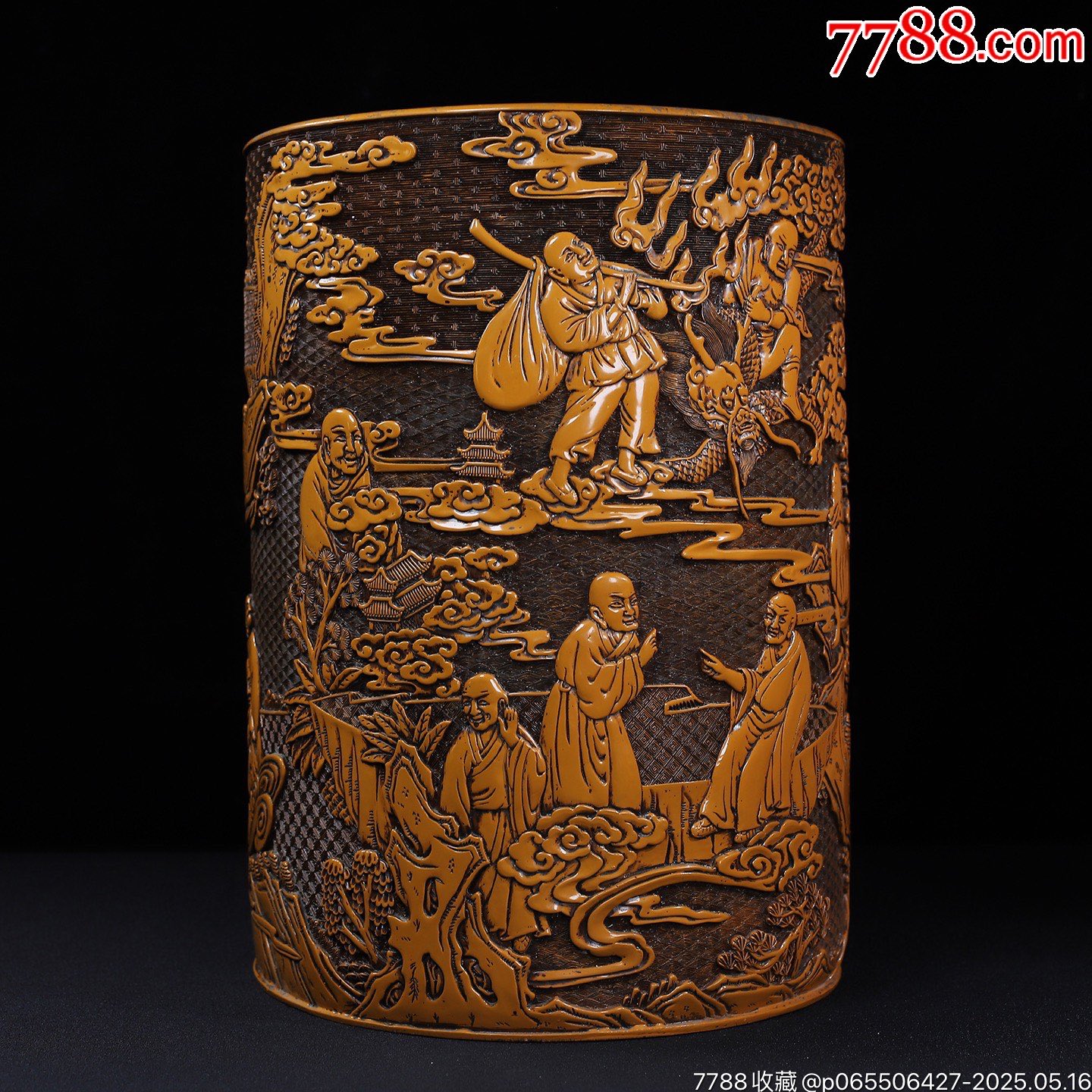 舊藏剔黃漆器十八羅漢圖圓筆筒畫筒，_價(jià)格2888元【子健老貨】_第7張_