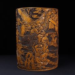 舊藏剔黃漆器十八羅漢圖圓筆筒畫筒，(au41309780)_子健老貨