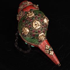 西藏寺院收老天然海螺包銅純手工打造鑲嵌吉祥八寶寶石彩繪描金法_