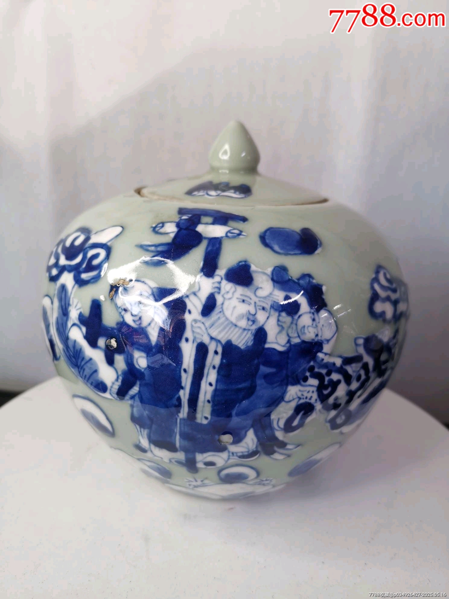 晚清豆青地青花人物故事圖蓋罐_價(jià)格547元_第1張_