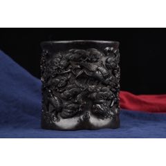 烏木雕刻松鶴延年筆筒_