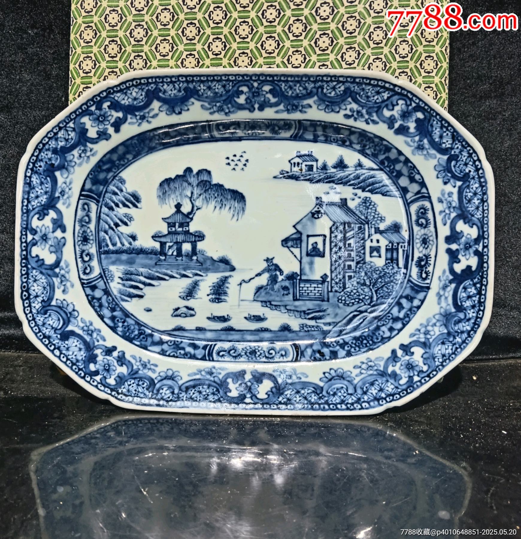 （全品）清三代乾隆細(xì)路青花山水亭臺樓閣垂釣圖大盤尺寸:長29x20.8cm_價格1837元_第2張_
