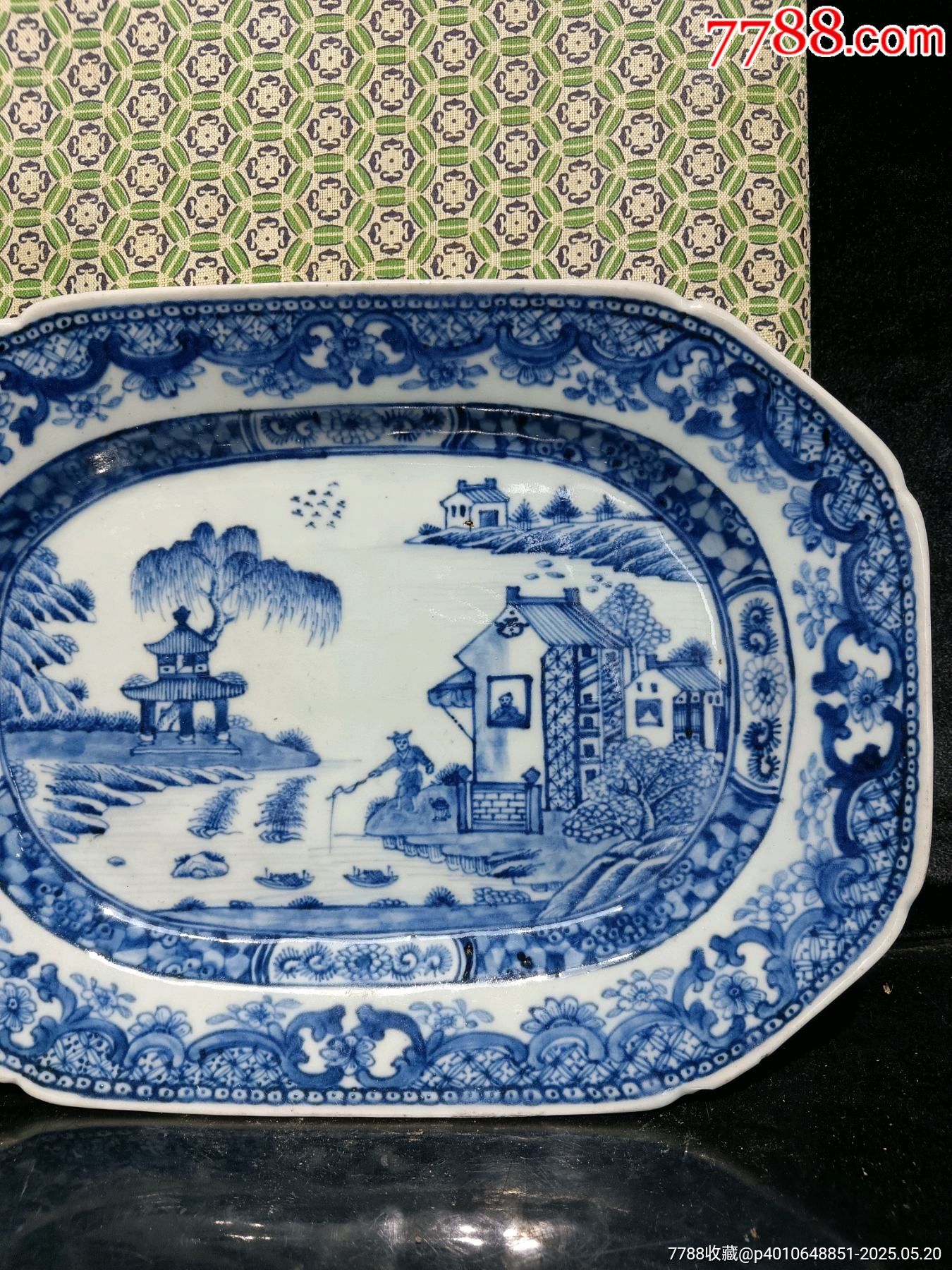 （全品）清三代乾隆細(xì)路青花山水亭臺樓閣垂釣圖大盤尺寸:長29x20.8cm_價格1837元_第3張_