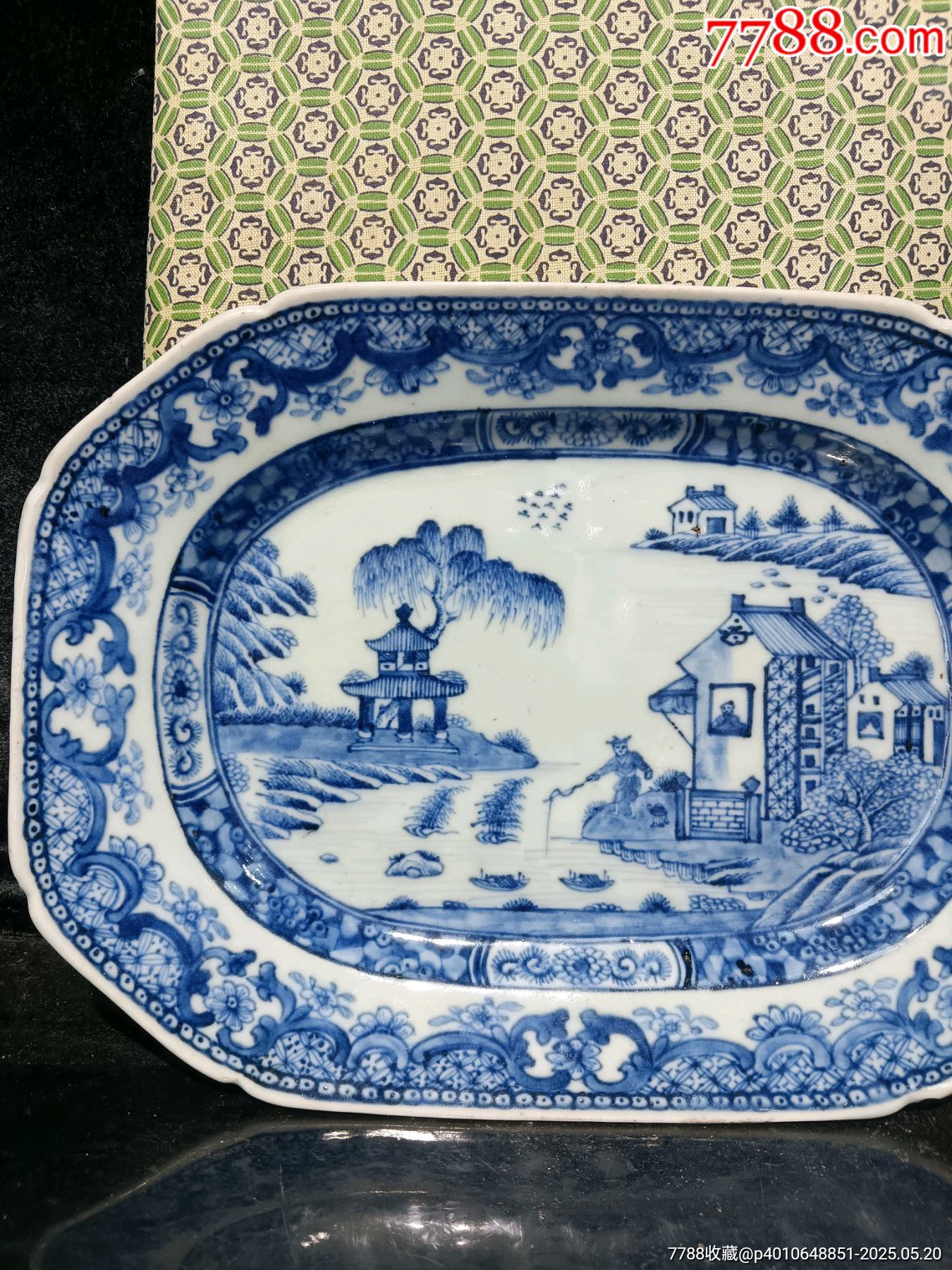 （全品）清三代乾隆細(xì)路青花山水亭臺樓閣垂釣圖大盤尺寸:長29x20.8cm_價格1837元_第4張_