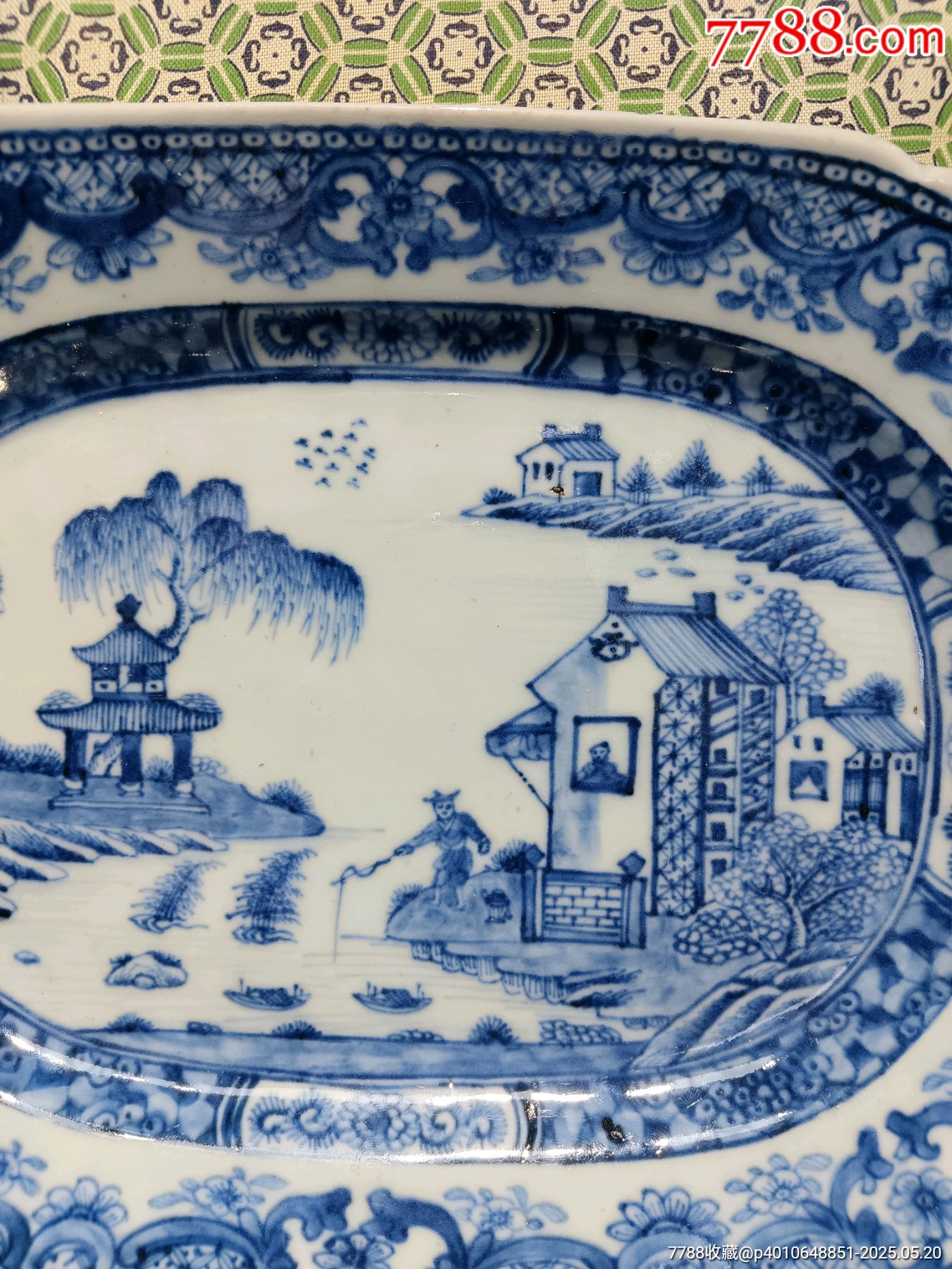 （全品）清三代乾隆細(xì)路青花山水亭臺樓閣垂釣圖大盤尺寸:長29x20.8cm_價格1837元_第5張_