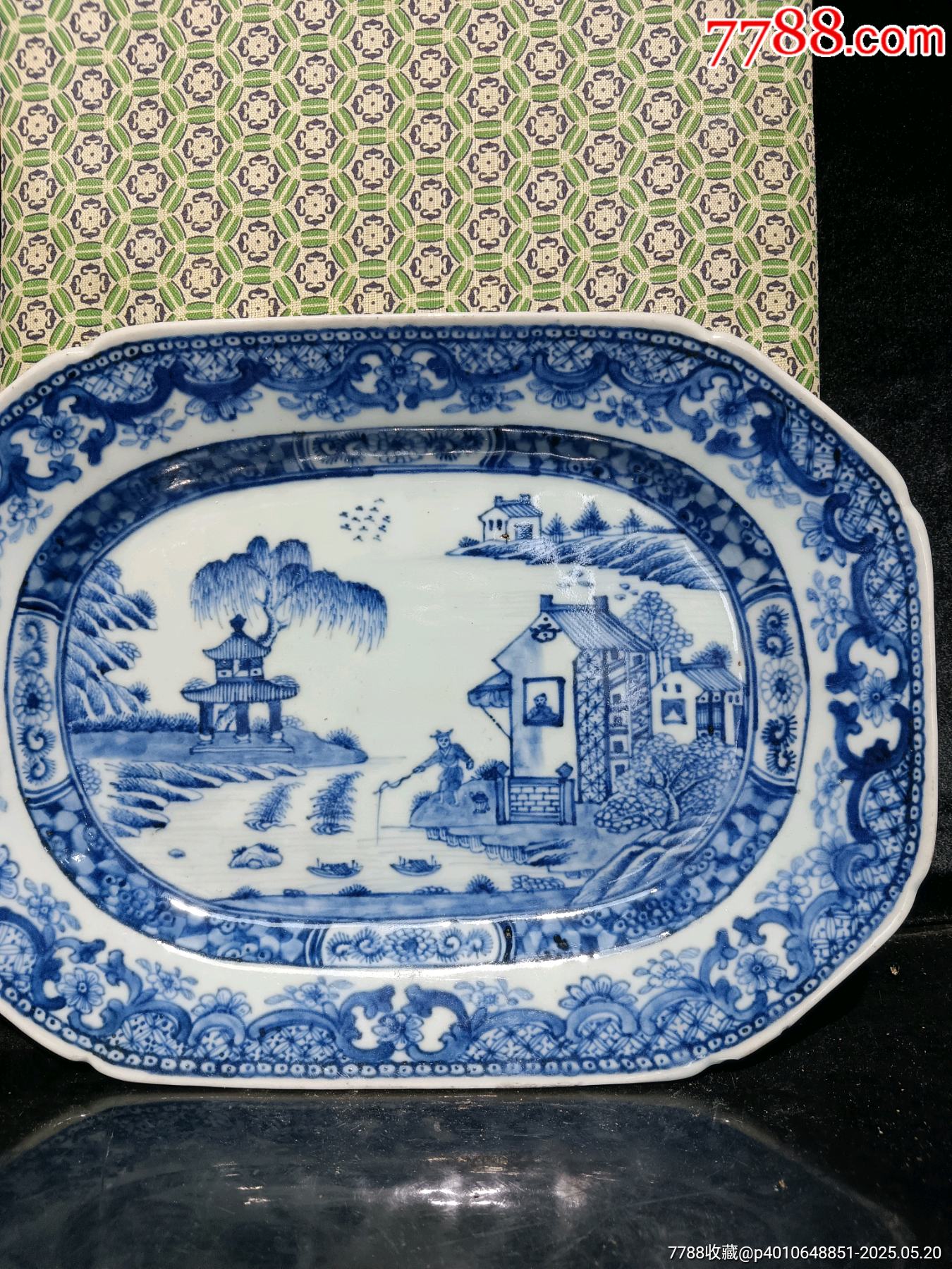 （全品）清三代乾隆細(xì)路青花山水亭臺樓閣垂釣圖大盤尺寸:長29x20.8cm_價格1837元_第6張_