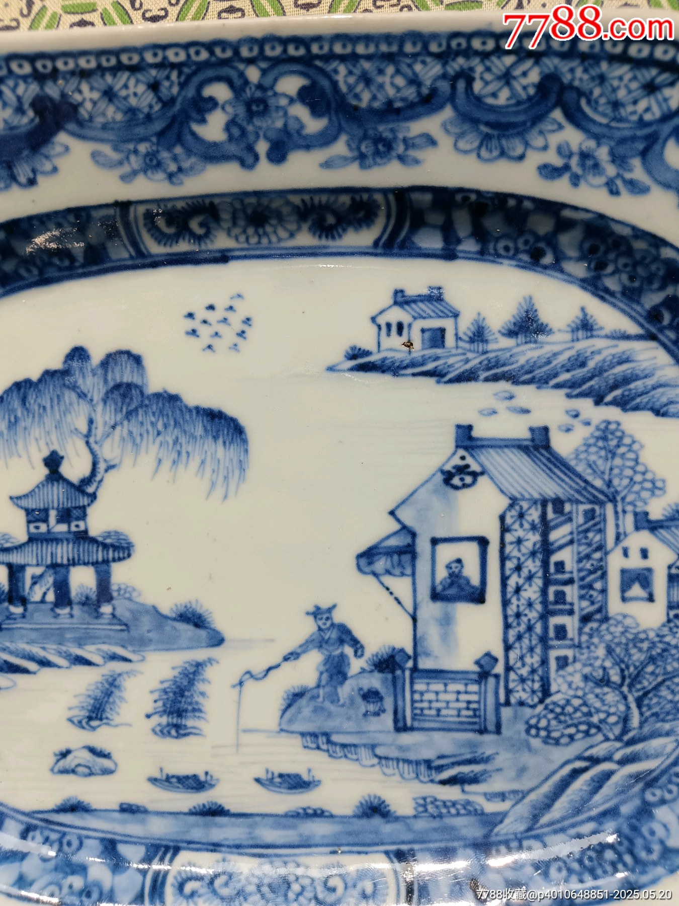 （全品）清三代乾隆細(xì)路青花山水亭臺樓閣垂釣圖大盤尺寸:長29x20.8cm_價格1837元_第7張_