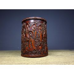 舊藏竹雕精工雕刻十八羅漢筆筒_