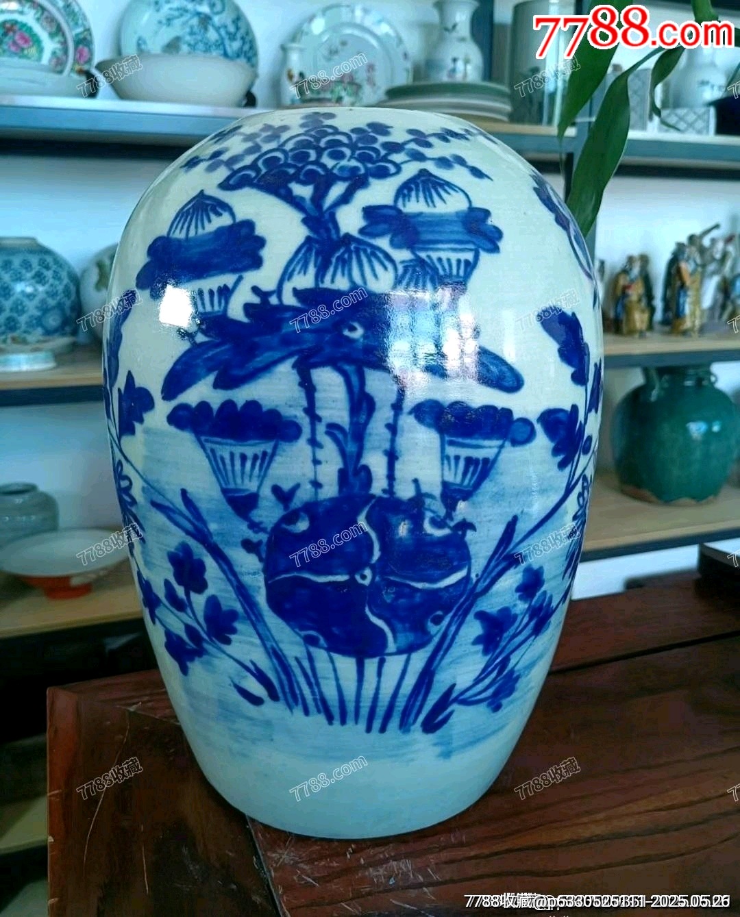晚清豆青青花花卉博古图冬瓜大罐(高29cm)_【7788商城__七七八八商品交易平台(7788.com)】