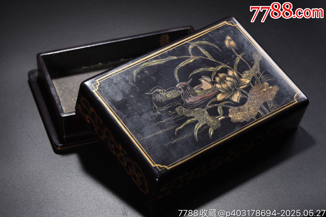 老木胎描真金漆器鴛鴦圖文房盒_價格1299元【子健老貨】_第6張_