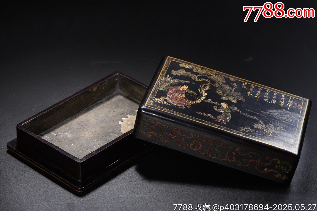 老木胎描真金漆器訪友圖題詩文房盒_價格1299元【子健老貨】_第8張_