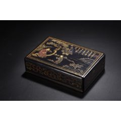 老木胎描真金漆器訪友圖題詩(shī)文房盒_
