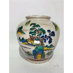 晚清素三彩山水圖罐