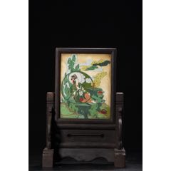 木雕嵌石板純手繪自在觀音插屏_