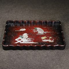 紫檀木鑲貝殼曲線邊茶盤托盤收納盤，_