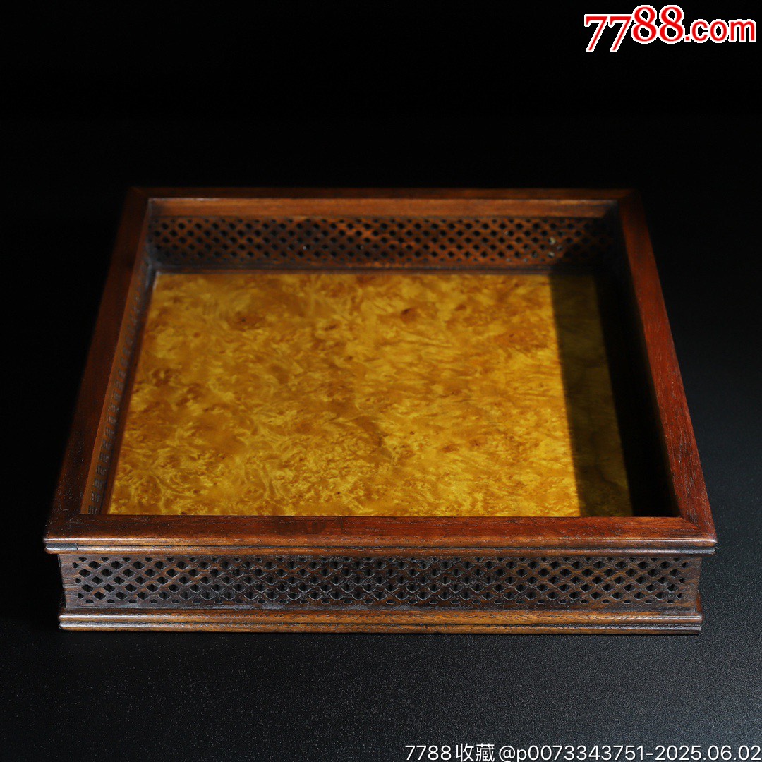 黃金樟鑲花梨木鏤空邊正方都承盤茶盤托盤收納盤，_價(jià)格399元【子健老貨】_第1張_
