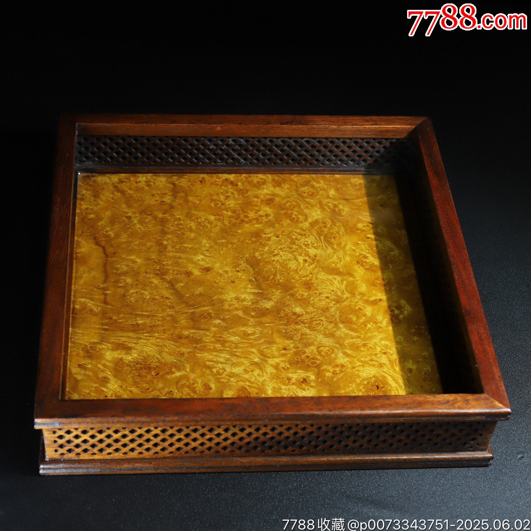 黃金樟鑲花梨木鏤空邊正方都承盤茶盤托盤收納盤，_價(jià)格399元【子健老貨】_第6張_