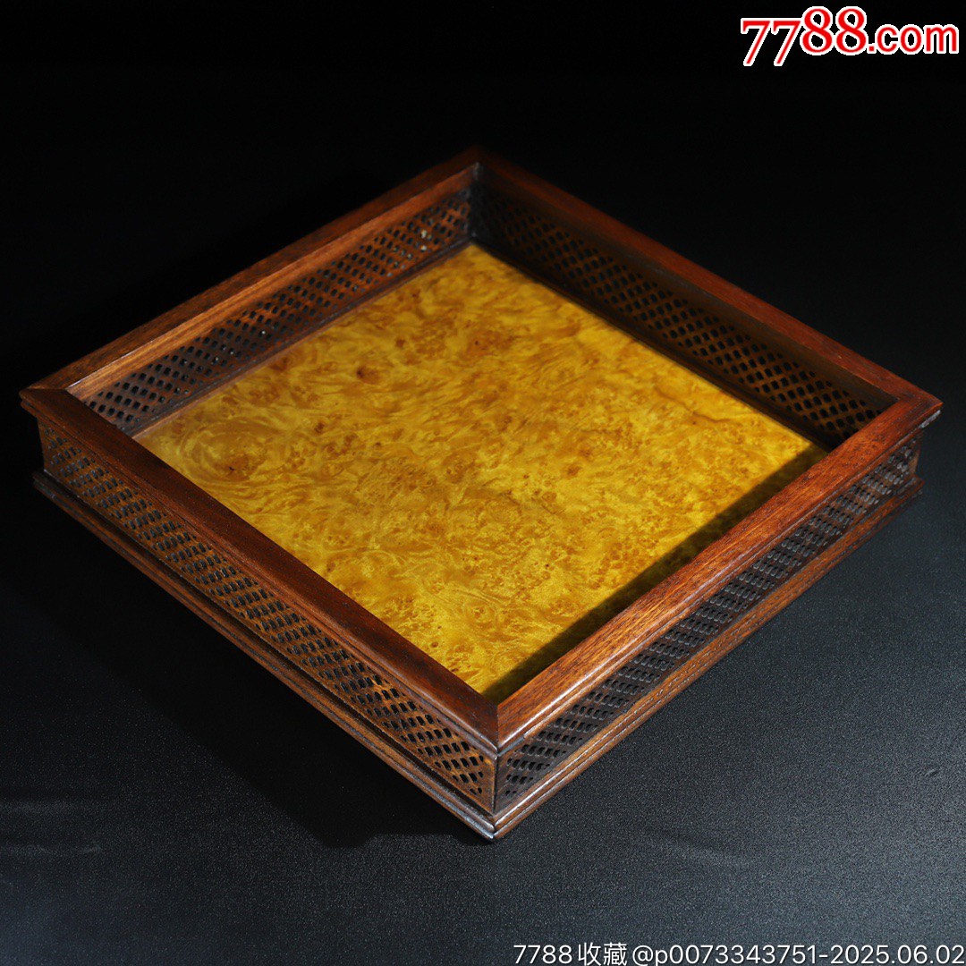 黃金樟鑲花梨木鏤空邊正方都承盤茶盤托盤收納盤，_價(jià)格399元【子健老貨】_第7張_