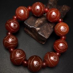 藏區(qū)回流老料鑲嵌銀絲三眼天珠手鏈_