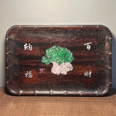 舊藏血檀木鑲貝殼雕刻茶盤茶具收納盤_