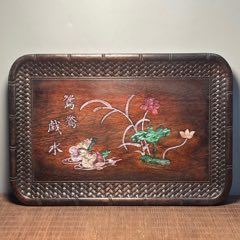 舊藏血檀木鑲貝殼雕刻茶盤茶具收納盤_