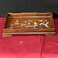 舊藏草花梨木鑲貝殼雕刻茶盤茶具收納盤_