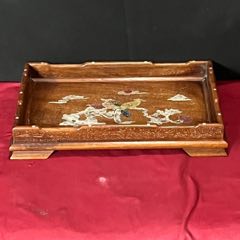 舊藏草花梨木鑲貝殼雕刻茶盤茶具收納盤_