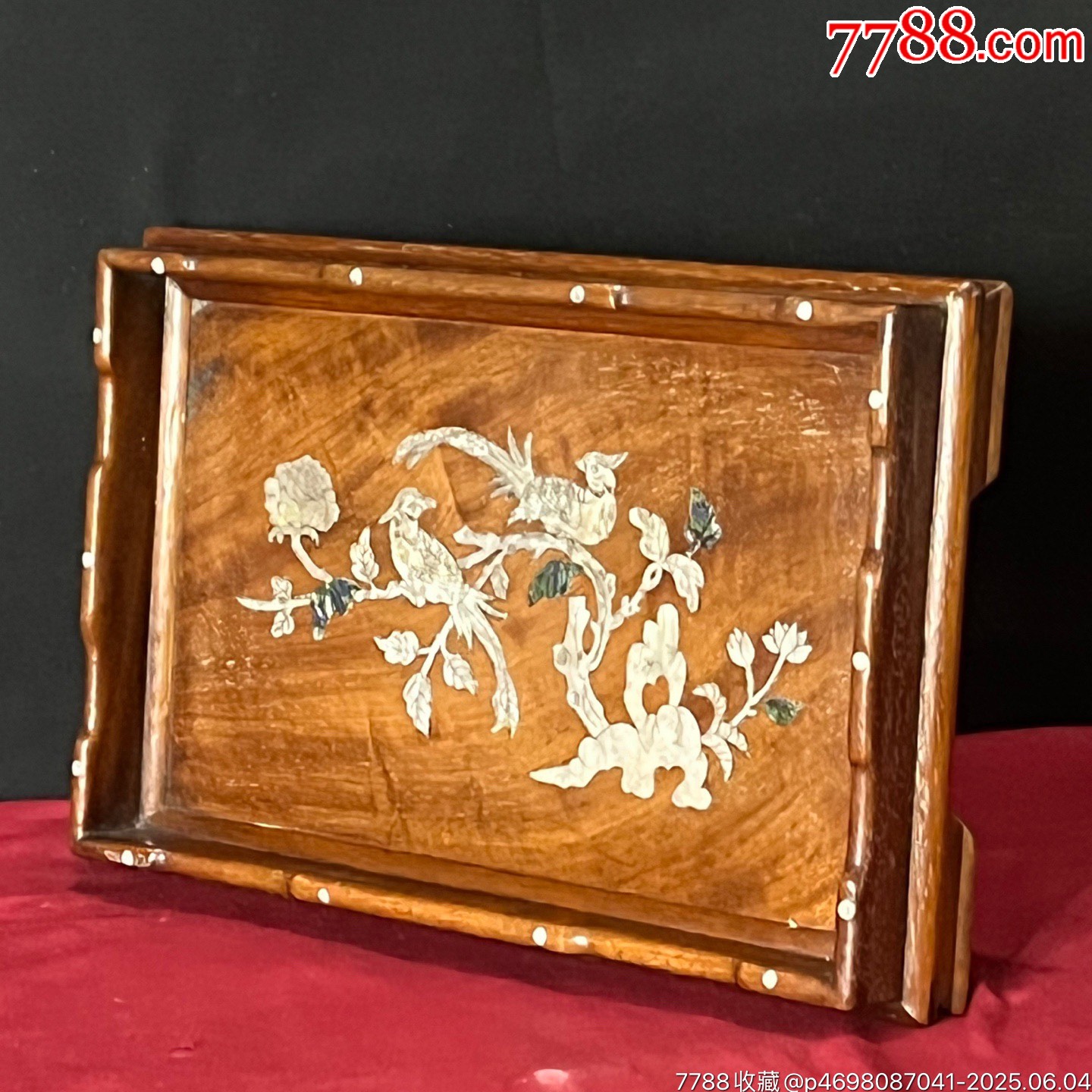 舊藏草花梨木鑲貝殼雕刻茶盤茶具收納盤_價格269元【子健老貨】_第2張_