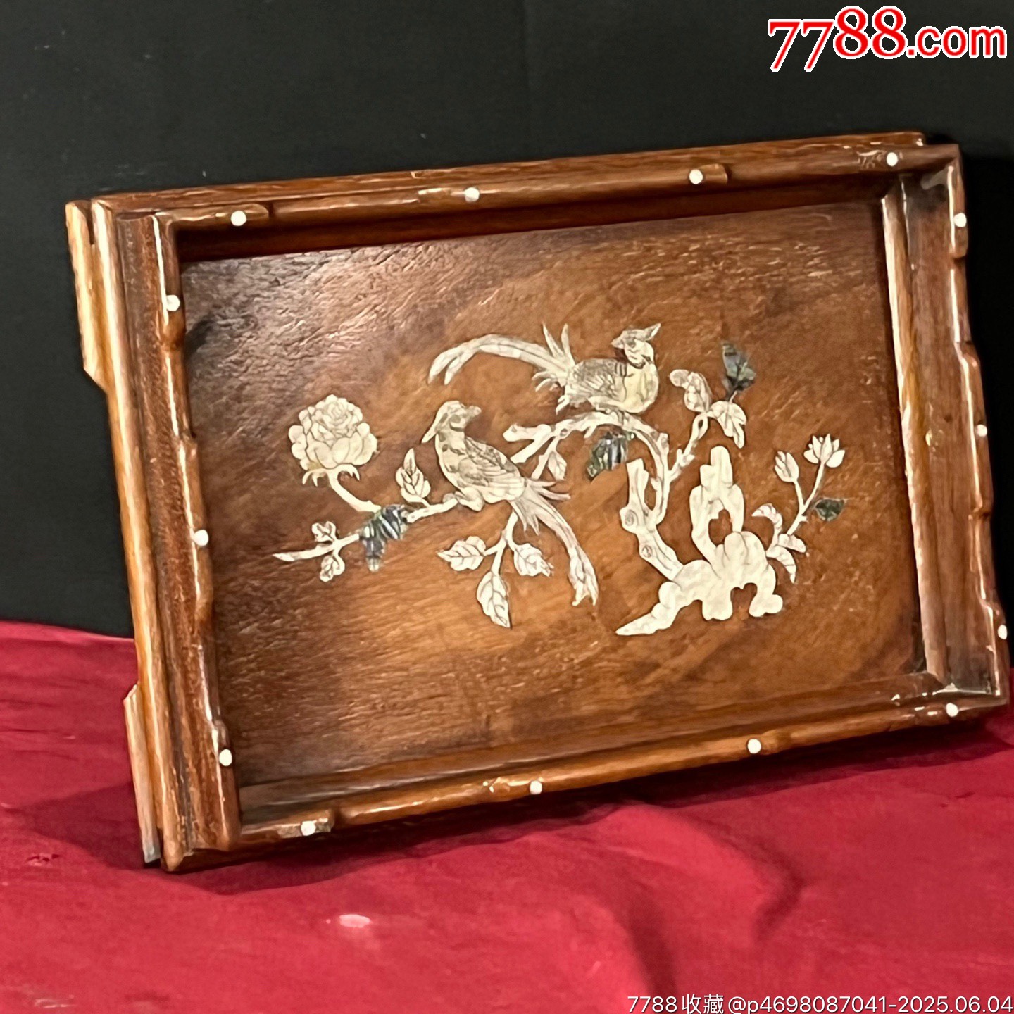 舊藏草花梨木鑲貝殼雕刻茶盤茶具收納盤_價格269元【子健老貨】_第3張_