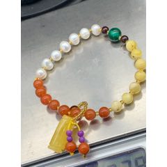 純天然蜜蠟?zāi)霞t淡水珍珠多寶手串
