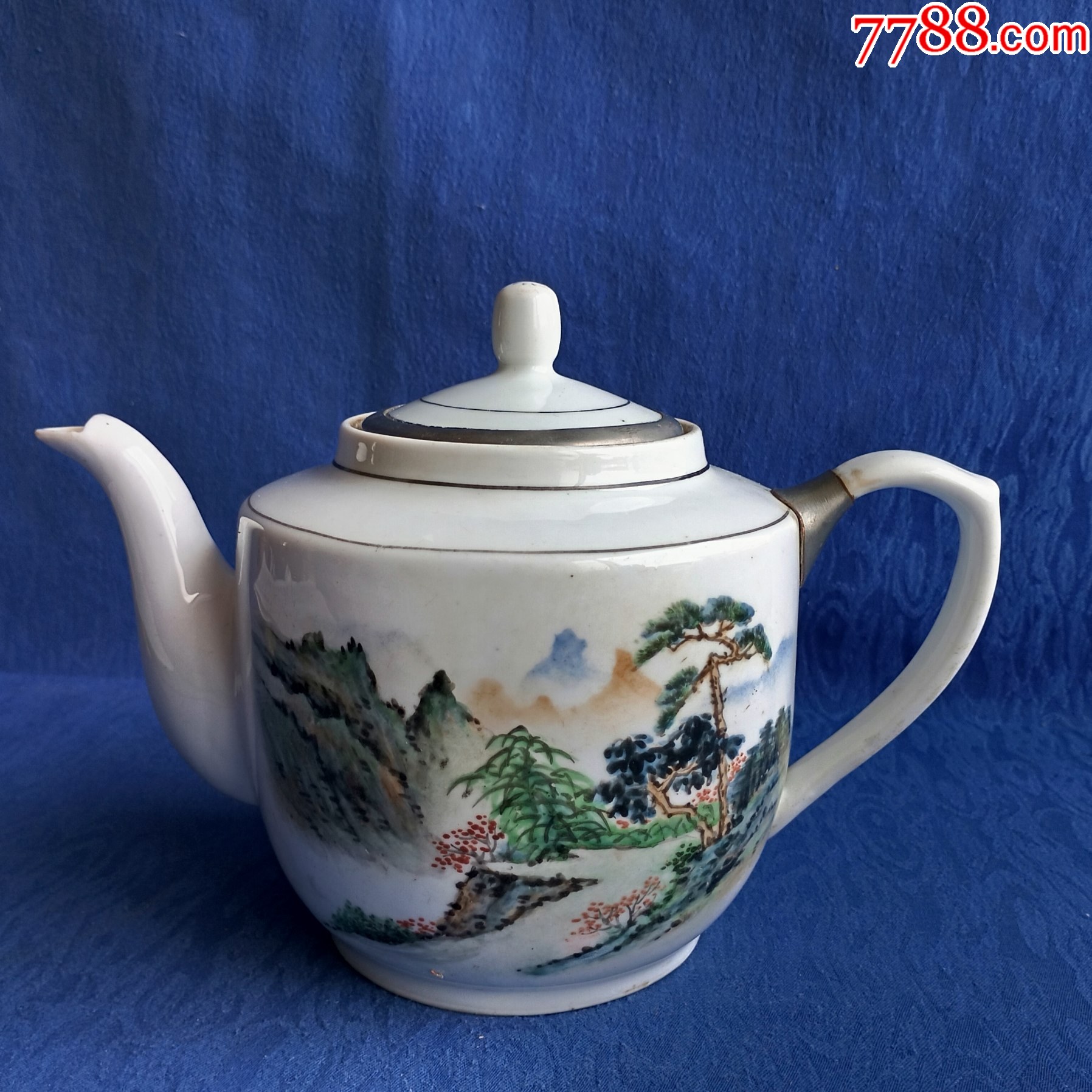 中国景德鎮  茶壺　煎茶道具 茶器  年代品  输出品 创汇期60年代景德镇窑瓷茶壶济南雕塑社款书法江山似锦传统镶锡手工活