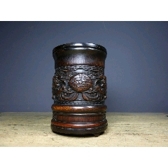 旧藏竹雕精工细作两边镶嵌檀木钟馗嫁妹笔筒-竹雕笔筒-7788文玩