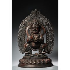 珍品舊藏收純銅全銅高浮雕鏨刻泥金藏傳大黑天佛像一尊_